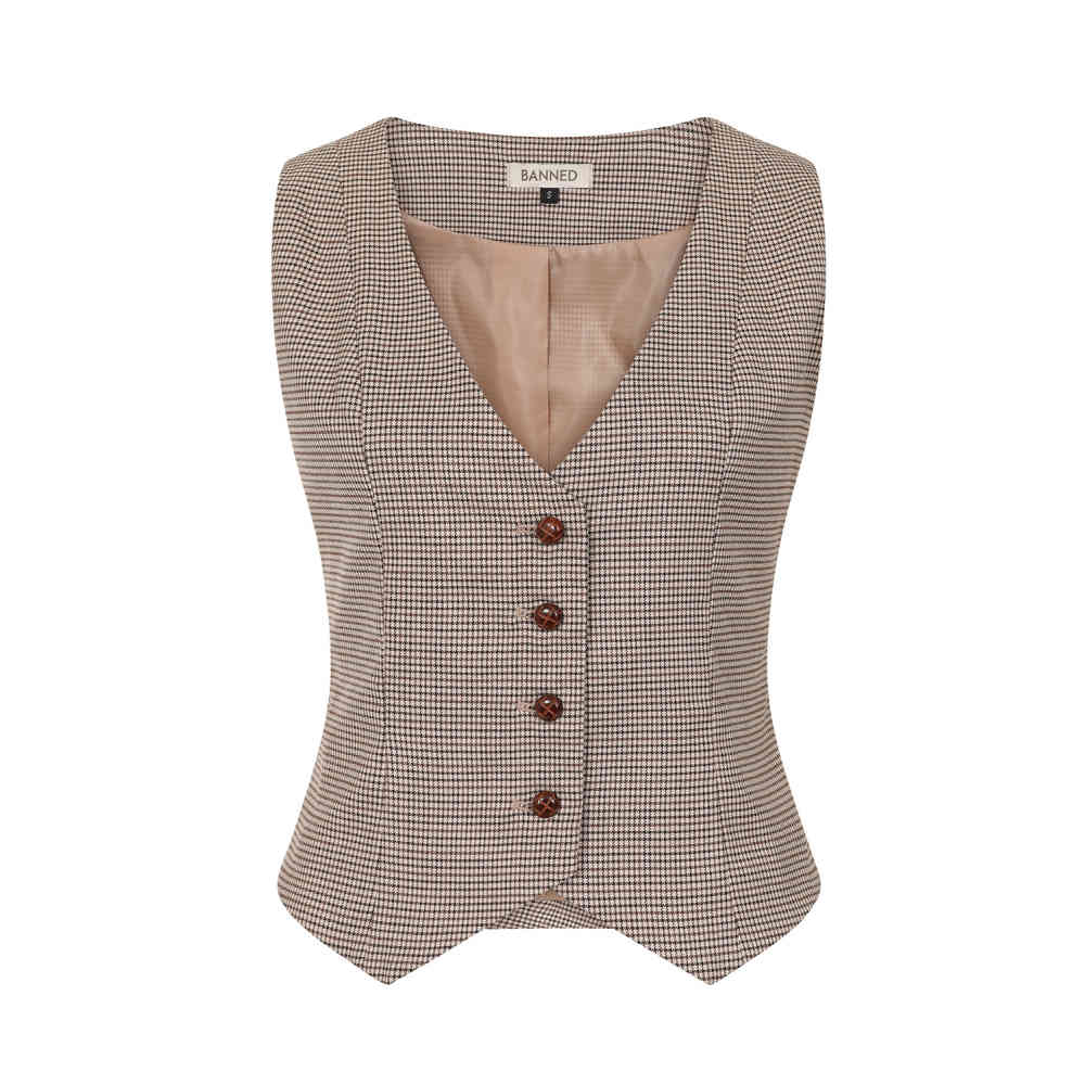 Banned - Hallie Houndstooth Waistcoat - Brown